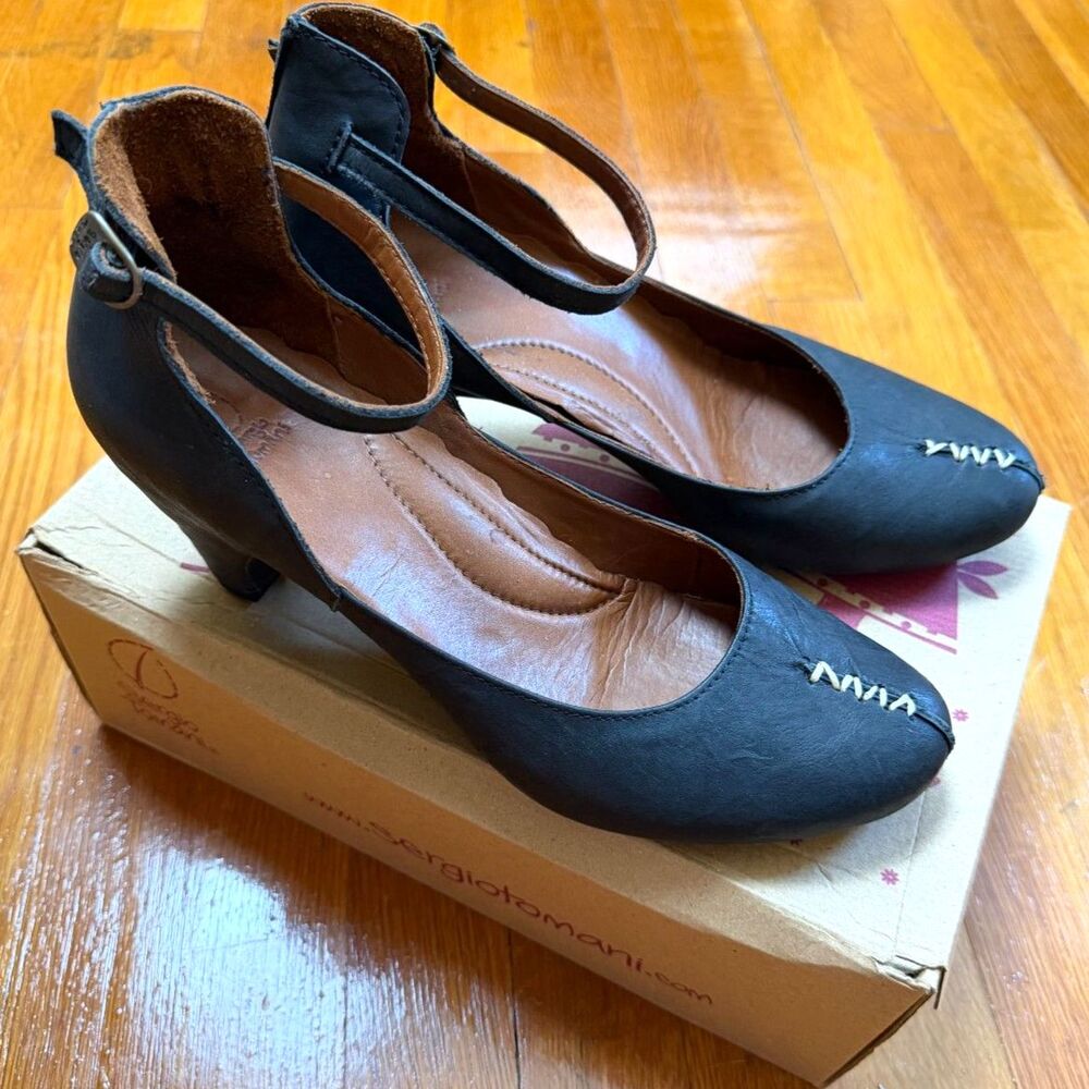 Sergio Tomani Ingrid Black Leather Ankle Strap Pumps Mary Jane Heels EU 40 US 9